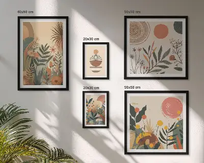 Billedsæt med abstrakte boho plantemotiver til ophængning over sofaen