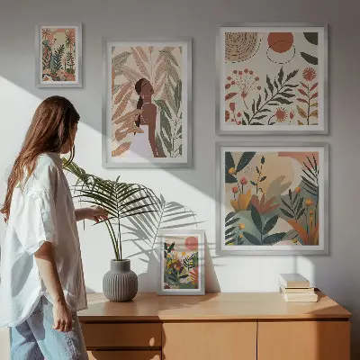 Billedkomposition til væg i boho-stil med en plantefigur