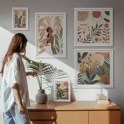 Billedkomposition til væg i boho-stil med en plantefigur