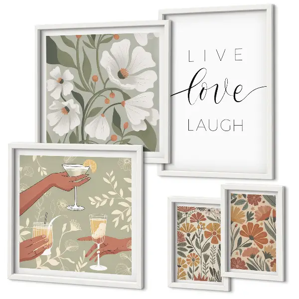Billedkomposition til væg med stilfulde blomstergrafik-slogans