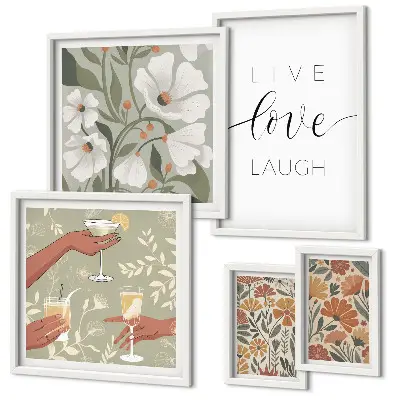 Billedkomposition til væg med stilfulde blomstergrafik-slogans