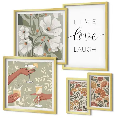 Billedkomposition til væg med stilfulde blomstergrafik-slogans