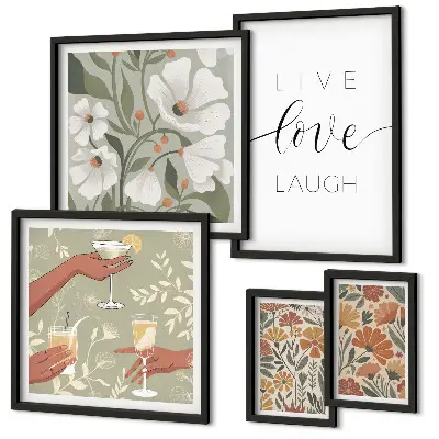 Billedkomposition til væg med stilfulde blomstergrafik-slogans