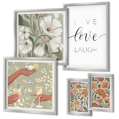 Billedkomposition til væg med stilfulde blomstergrafik-slogans