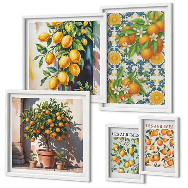 Billedsæt over sofa med vintage motiv af citrusfrugter og blomster