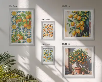 Billedsæt over sofa med vintage motiv af citrusfrugter og blomster