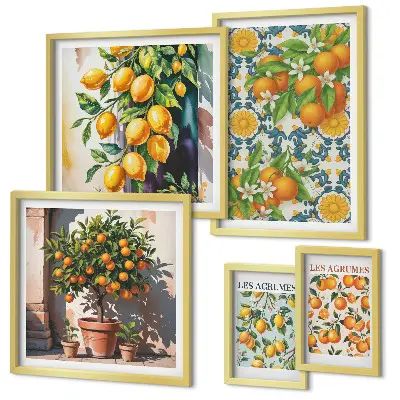 Billedsæt over sofa med vintage motiv af citrusfrugter og blomster