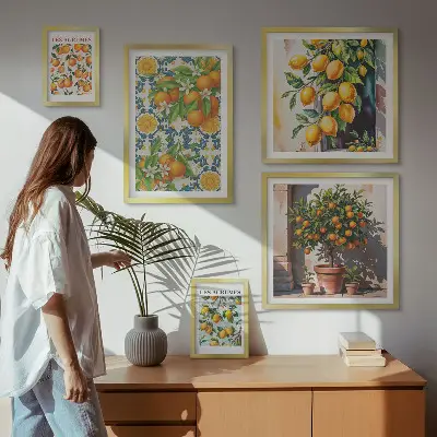 Billedsæt over sofa med vintage motiv af citrusfrugter og blomster
