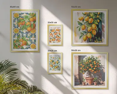 Billedsæt over sofa med vintage motiv af citrusfrugter og blomster