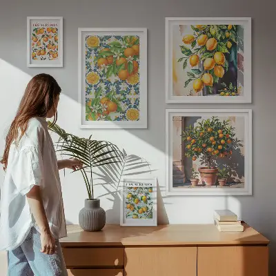 Billedsæt over sofa med vintage motiv af citrusfrugter og blomster