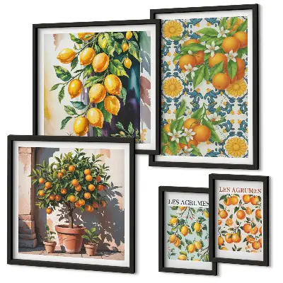 Billedsæt over sofa med vintage motiv af citrusfrugter og blomster