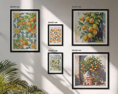 Billedsæt over sofa med vintage motiv af citrusfrugter og blomster