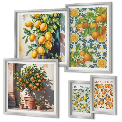 Billedsæt over sofa med vintage motiv af citrusfrugter og blomster