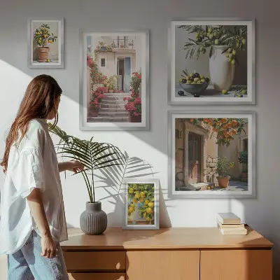 Billedsæt over sofa med motiv af atmosfærefyldte citrongader