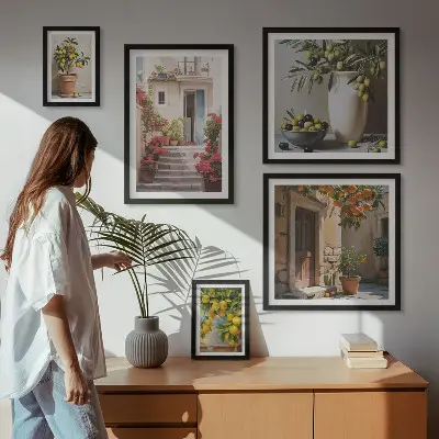 Billedsæt over sofa med motiv af atmosfærefyldte citrongader