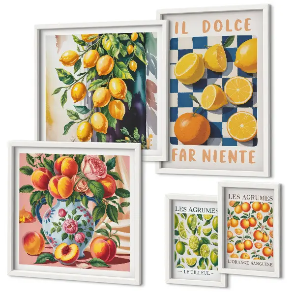 Billedkomposition til væg med citrus retro tema til køkkenet