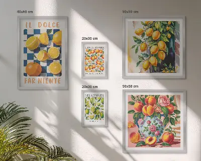 Billedkomposition til væg med citrus retro tema til køkkenet