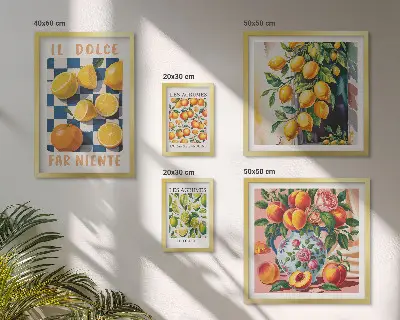 Billedkomposition til væg med citrus retro tema til køkkenet