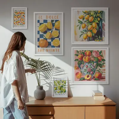 Billedkomposition til væg med citrus retro tema til køkkenet