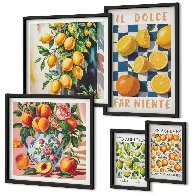 Billedkomposition til væg med citrus retro tema til køkkenet