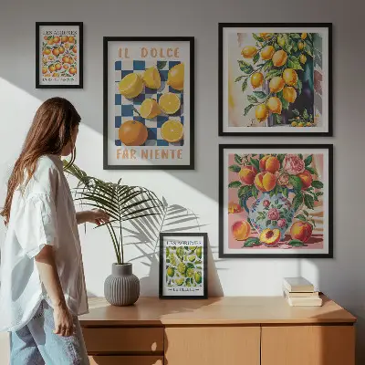 Billedkomposition til væg med citrus retro tema til køkkenet