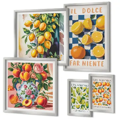 Billedkomposition til væg med citrus retro tema til køkkenet