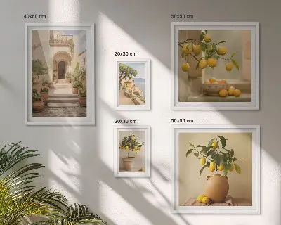 Billedsæt over sofa med stilfuldt citrusmotiv