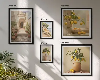 Billedsæt over sofa med stilfuldt citrusmotiv