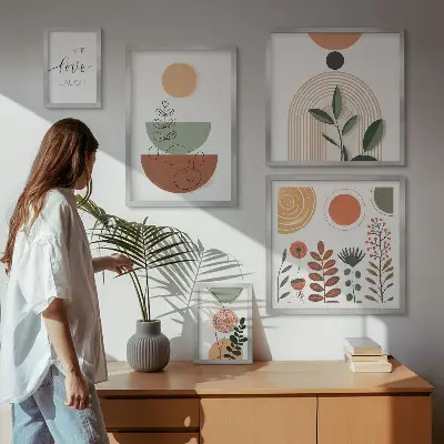 Billedsæt til væg over sofa stilfuld vægdekoration med plante- og geometrisk grafik