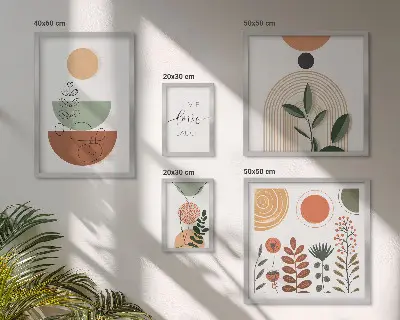 Billedsæt til væg over sofa stilfuld vægdekoration med plante- og geometrisk grafik
