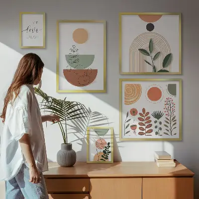 Billedsæt til væg over sofa stilfuld vægdekoration med plante- og geometrisk grafik