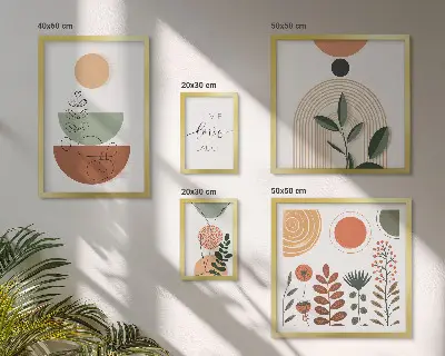 Billedsæt til væg over sofa stilfuld vægdekoration med plante- og geometrisk grafik