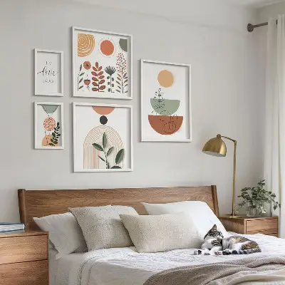 Billedsæt til væg over sofa stilfuld vægdekoration med plante- og geometrisk grafik