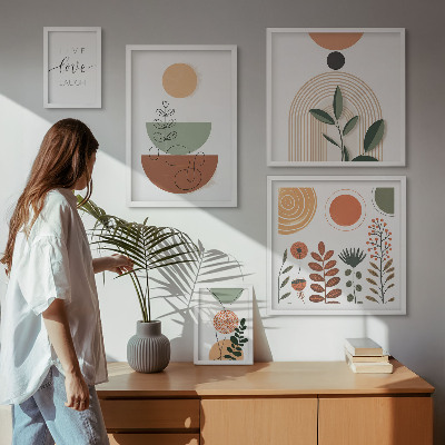 Billedsæt over sofa Stilfuld plante- og geometrisk grafik