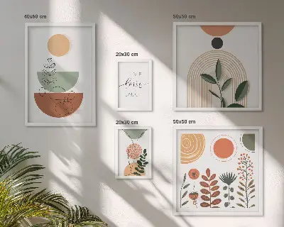 Billedsæt til væg over sofa stilfuld vægdekoration med plante- og geometrisk grafik