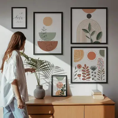Billedsæt til væg over sofa stilfuld vægdekoration med plante- og geometrisk grafik