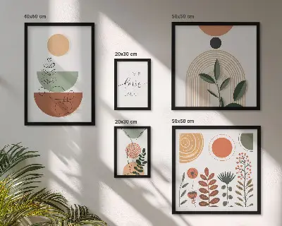 Billedsæt til væg over sofa stilfuld vægdekoration med plante- og geometrisk grafik