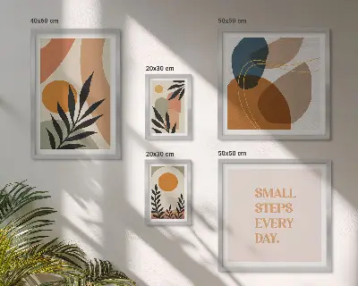 Billedsæt over sofa med stilfuld abstrakt plantegrafik