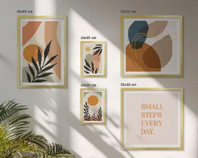 Billedsæt over sofa med stilfuld abstrakt plantegrafik