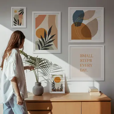 Billedsæt over sofa med stilfuld abstrakt plantegrafik