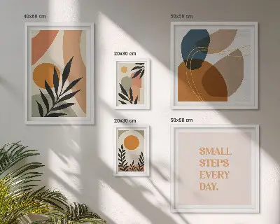 Billedsæt over sofa med stilfuld abstrakt plantegrafik