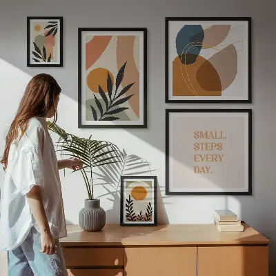 Billedsæt over sofa med stilfuld abstrakt plantegrafik