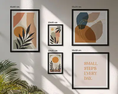 Billedsæt over sofa med stilfuld abstrakt plantegrafik