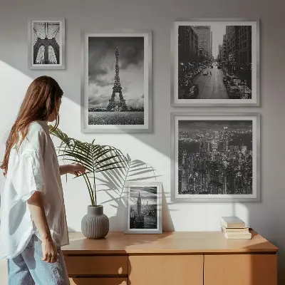 Billedsæt over sofa arkitektoniske motiver i sort-hvid