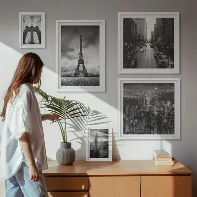 Billedsæt over sofa arkitektoniske motiver i sort-hvid