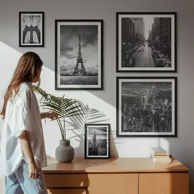 Billedsæt over sofa arkitektoniske motiver i sort-hvid
