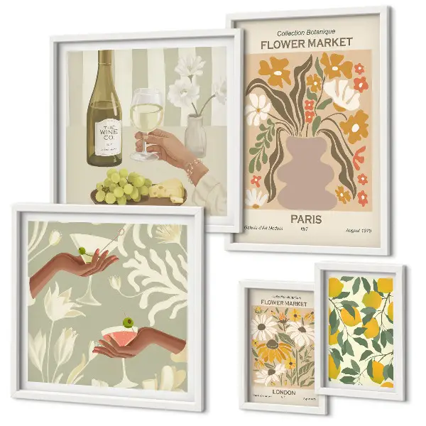 Blomster og frugter i vintagestil billedsæt til over sofaen