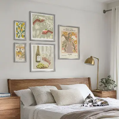 Blomster og frugter i vintagestil billedsæt til over sofaen