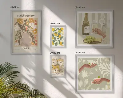 Blomster og frugter i vintagestil billedsæt til over sofaen