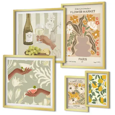 Blomster og frugter i vintagestil billedsæt til over sofaen